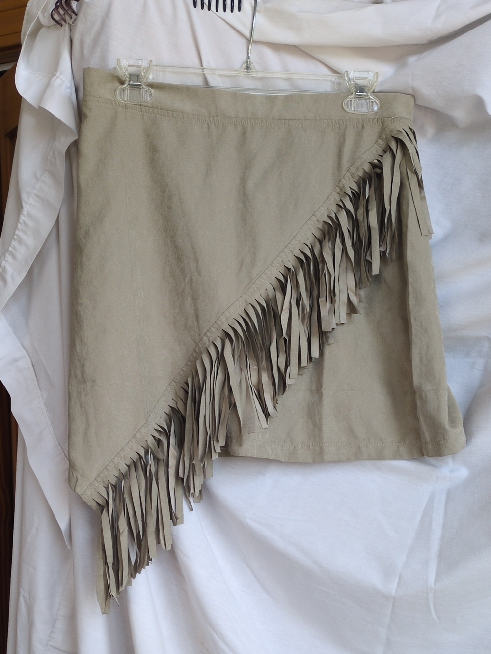 Fringed Wrap Mini Skirt — Taupe